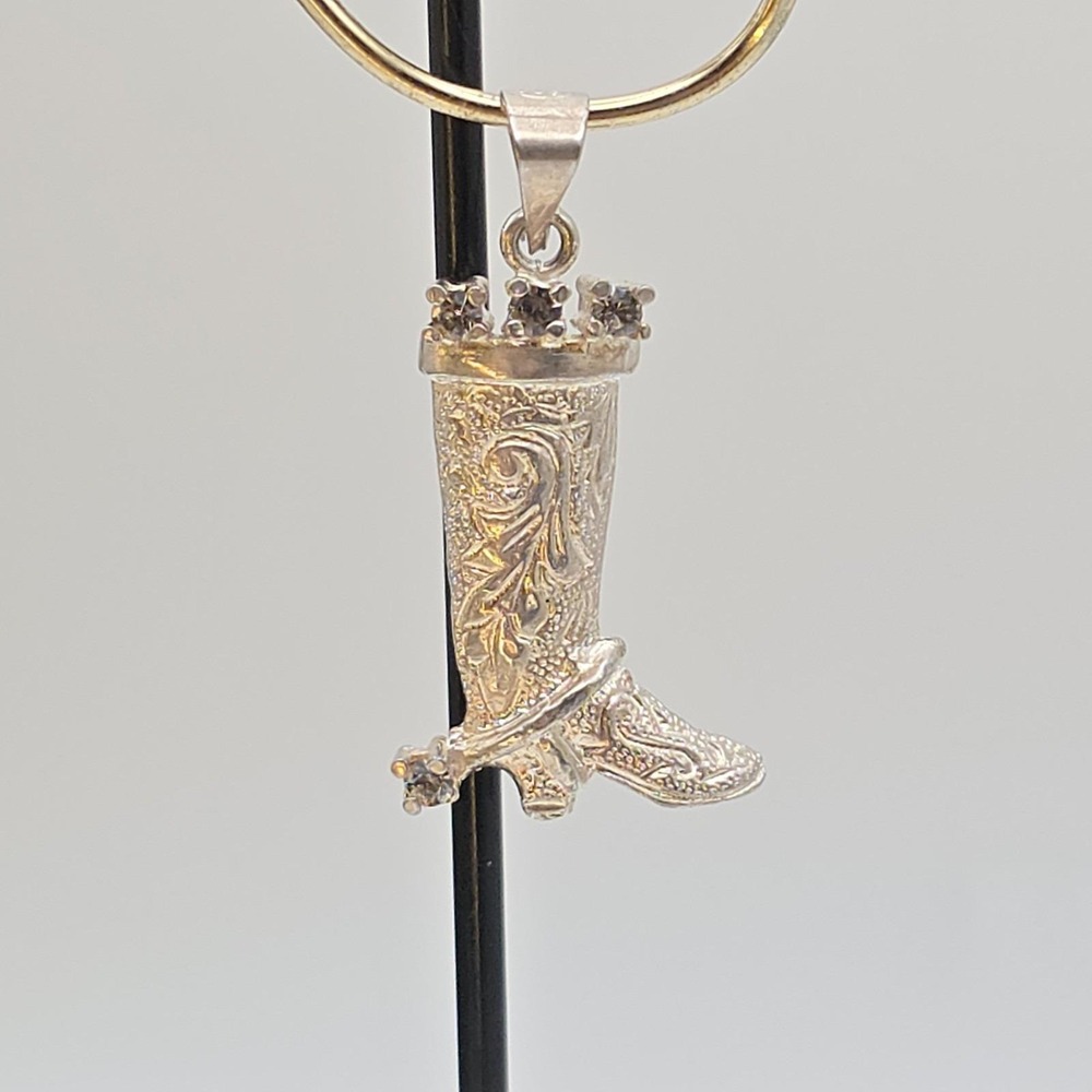 Silver Cowboy Boot Pendant 800 Continental‎ Detailed Design Three Small Stones